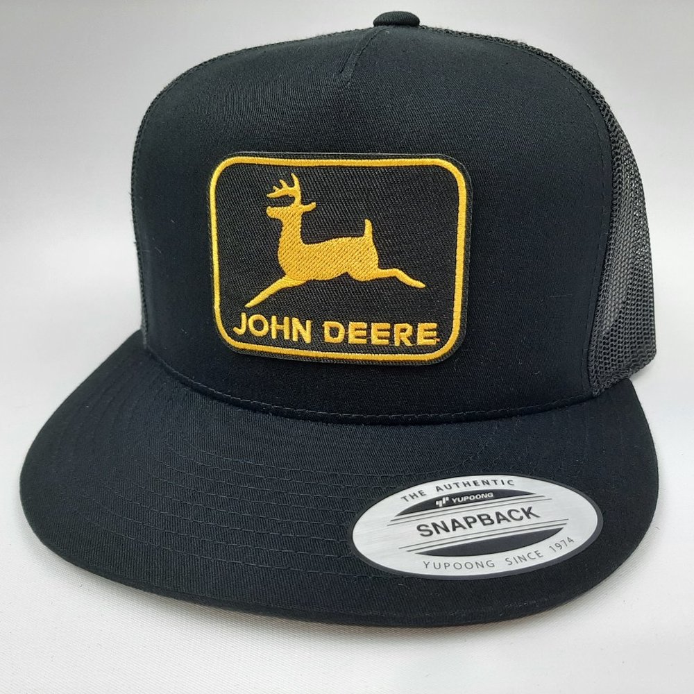 John Deere Flat Bill Trucker Mesh Snapback Cap Hat Black Embroidered Patch